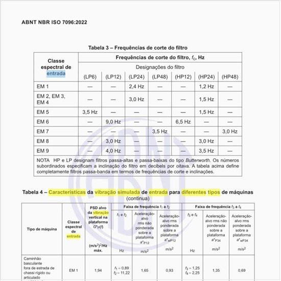 Quais são as características da vibração simulada de entrada para diferentes tipos de máquinas?