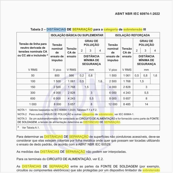 Quais devem ser as distâncias de separação para a categoria de sobretensão III?