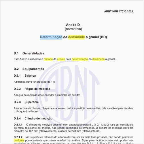 Qual é o método de ensaio para determinação da densidade a granel?