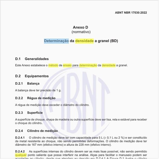 Qual é o método de ensaio para determinação da densidade a granel?