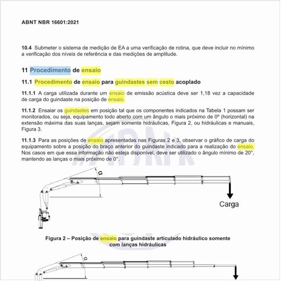 Qual o procedimento de ensaio para guindastes sem cesto acoplado?