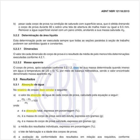 O que deve constar no relatório sobre a absorção de água?