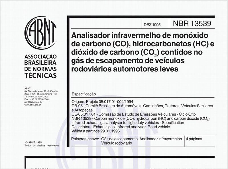Analisador infravermelho de monóxido de carbono (CO), hidrocarbonetos (HC) e dióxido de carbono (CO2) contidos no gás de escapamento de veículos rodoviários automotores leves