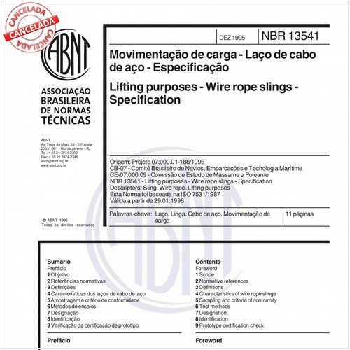 Movimentação de carga - Laço de cabo de aço - Especificação
