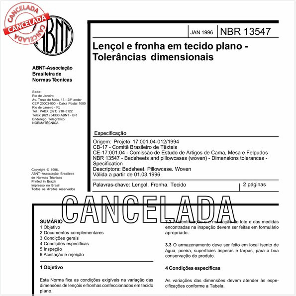 Lençol e fronha em tecido plano - Tolerâncias dimensionais