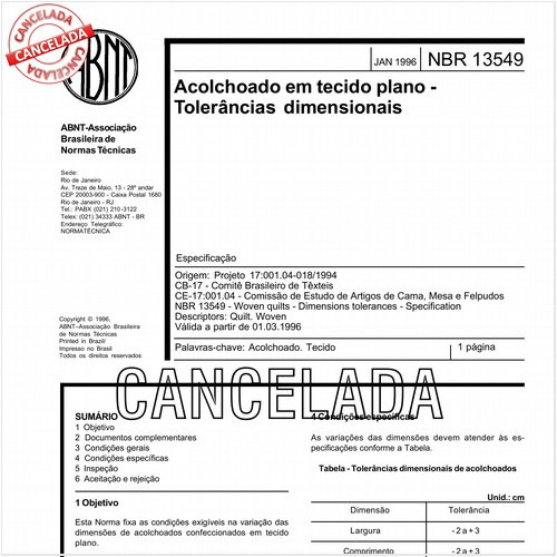 Acolchoado em tecido plano - Tolerâncias dimensionais