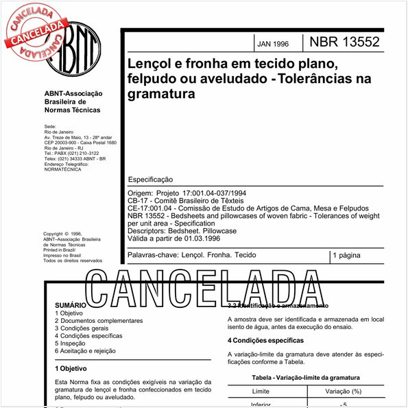 Lençol e fronha em tecido plano, felpudo ou aveludado - Tolerâncias na gramatura