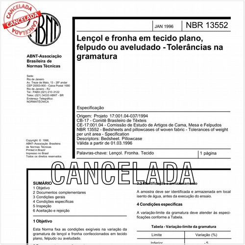 Lençol e fronha em tecido plano, felpudo ou aveludado - Tolerâncias na gramatura