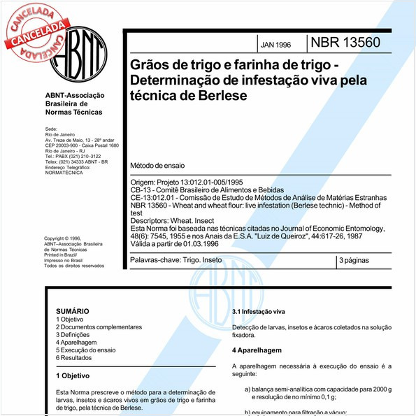 Grãos de trigo e farinha de trigo - Determinação de infestação viva pela técnica de Berlese