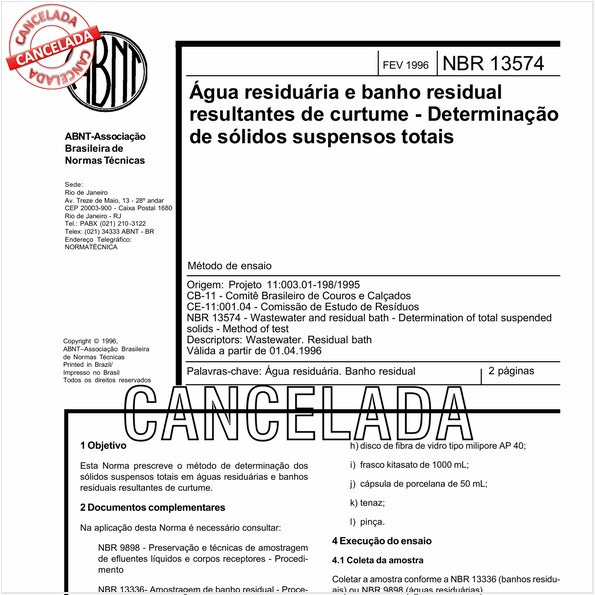 Agua residuária e banho residual resultantes de curtume - Determinação de sólidos suspensos totais