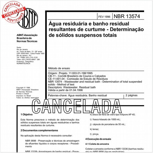 Agua residuária e banho residual resultantes de curtume - Determinação de sólidos suspensos totais