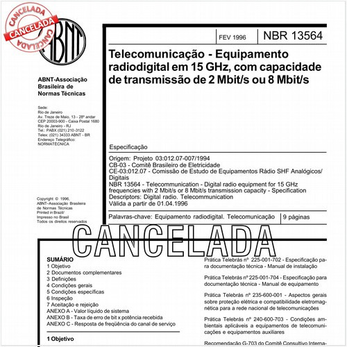 Telecomunicação - Equipamento radiodigital em 15 GHz, com capacidade de transmissão de 2 Mbit/s ou 8 Mbit/s