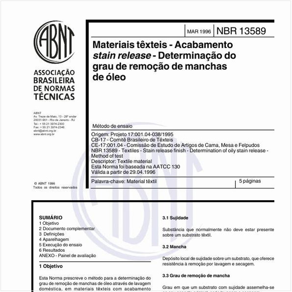 Materiais têxteis - Acabamento stain release - Determinação do grau de remoção de manchas de óleo