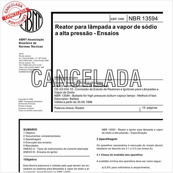 Reator para lâmpada a vapor de sódio a alta pressão - Ensaios