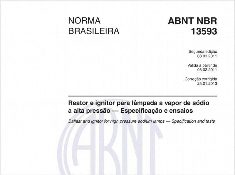 Reator e ignitor para lâmpada a vapor de sódio a alta pressão — Especificação e ensaios