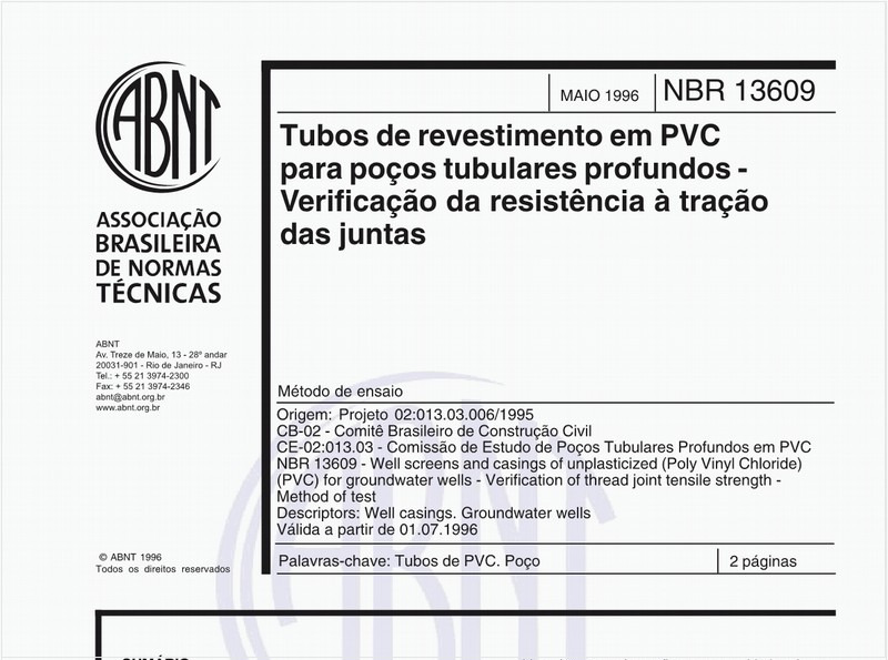 Tubos de revestimento em PVC para poços tubulares profundos - Verificação da resistência à tração das juntas - Método de ensaio
