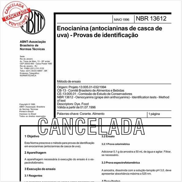 Enocianina (antocianinas de casca de uva) - Provas de identificação