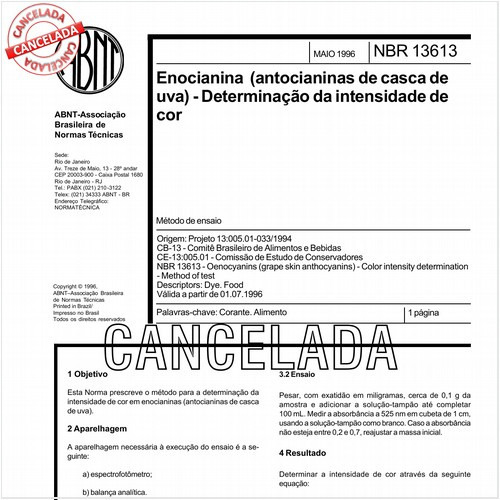 Enocianina (antocianinas de casca de uva) - Determinação da intensidade de cor