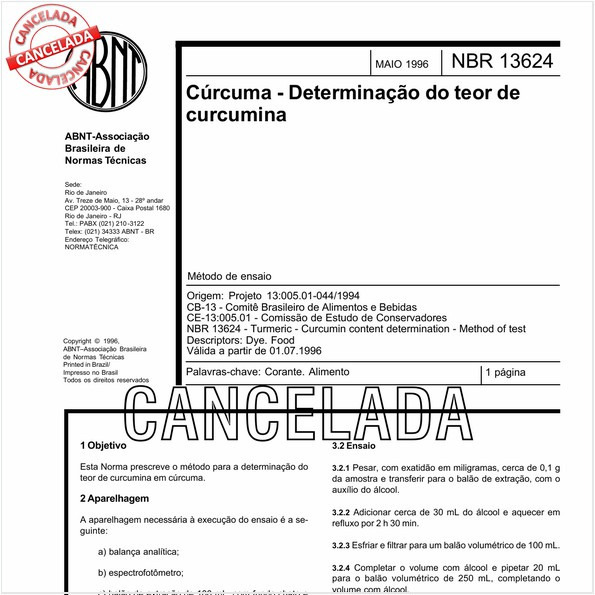 Cúrcuma - Determinação do teor de curcumina