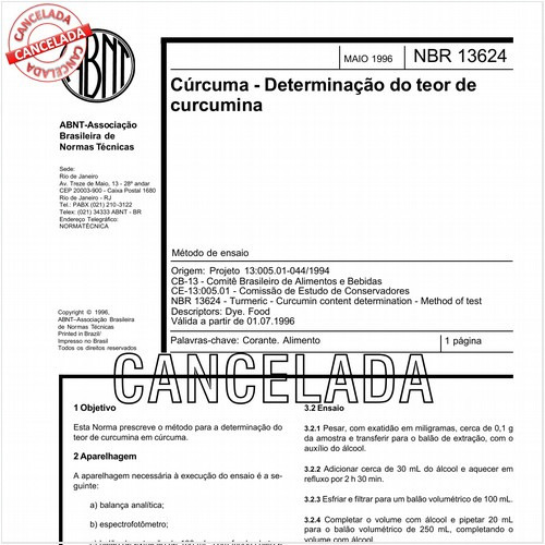 Cúrcuma - Determinação do teor de curcumina