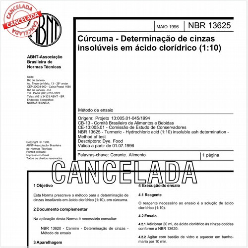 Cúrcuma - Determinação de cinzas insolúveis em ácido clorídrico (1:10)