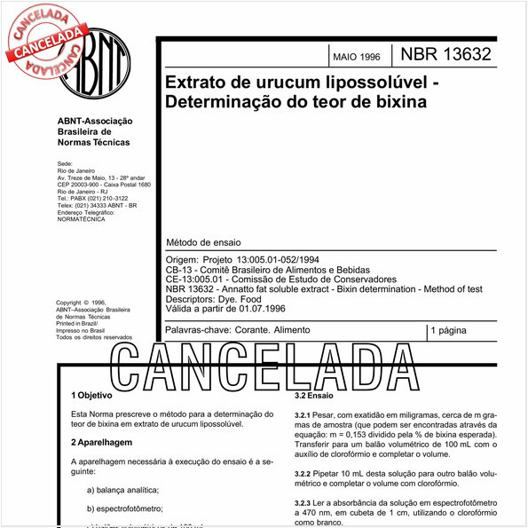 Extrato de urucum lipossolúvel - Determinação do teor de bixina