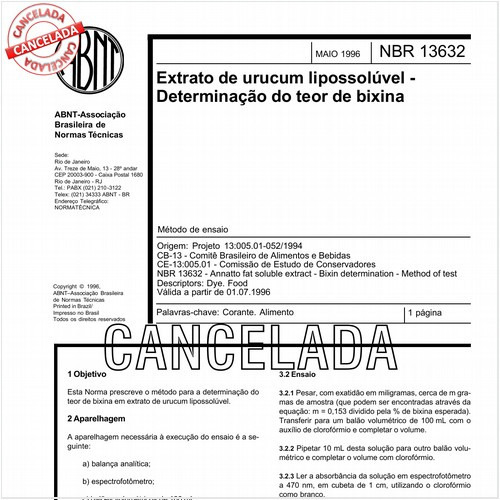 Extrato de urucum lipossolúvel - Determinação do teor de bixina