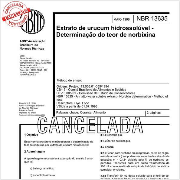 Extrato de urucum hidrossolúvel - Determinação do teor de norbixina