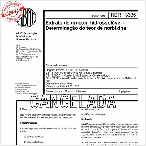 Extrato de urucum hidrossolúvel - Determinação do teor de norbixina
