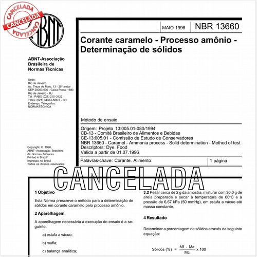 Corante caramelo - Processo amônio - Determinação de sólidos