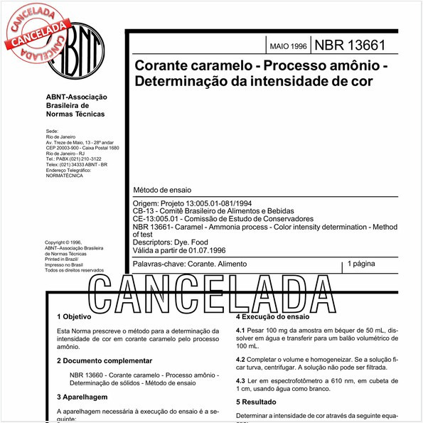 Corante caramelo - Processo amônio - Determinação da intensidade de cor