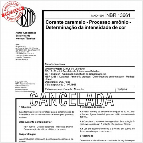 Corante caramelo - Processo amônio - Determinação da intensidade de cor