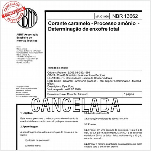 Corante caramelo - Processo amônio - Determinação de enxofre total
