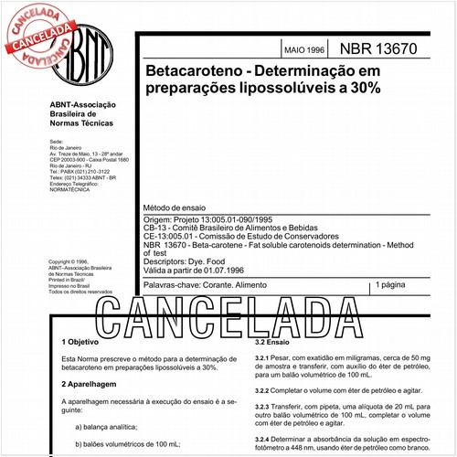 Betacaroteno - Determinação em preparações lipossolúveis a 30%