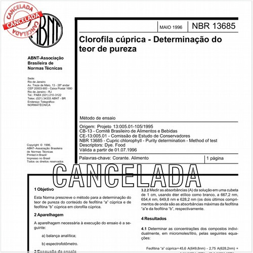 Clorofila cúprica - Determinação do teor de pureza