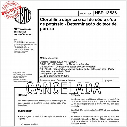 Clorofilina cúprica e sal de sódio e/ou de potássio - Determinação do teor de pureza