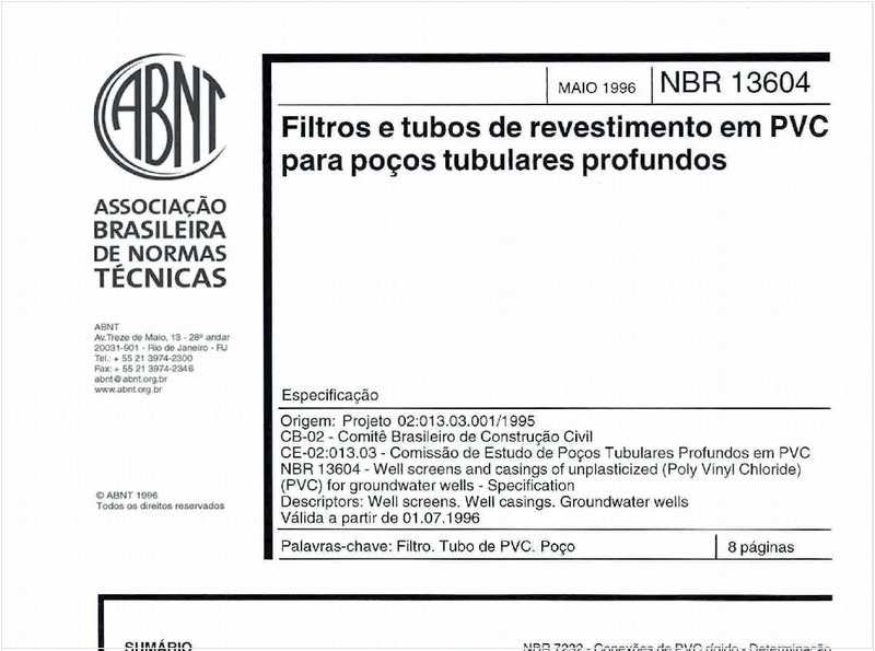 Filtros e tubos de revestimentos em PVC para poços tubulares profundos - Especificação