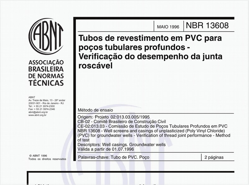 Tubos de revestimento em PVC para poços tubulares profundos - Verificação do desempenho da junta roscável - Método de ensaio