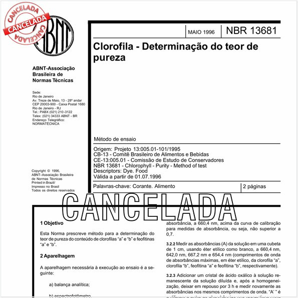 Clorofila - Determinação do teor de pureza