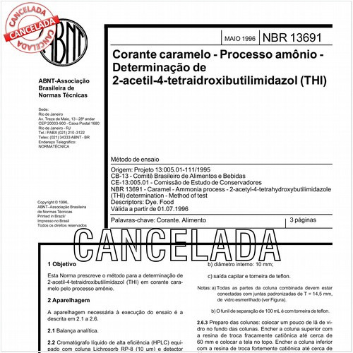 Corante caramelo - Processo amônio - Determinação de 2-acetil-4-tetraidroxibutilimidazol (THI)