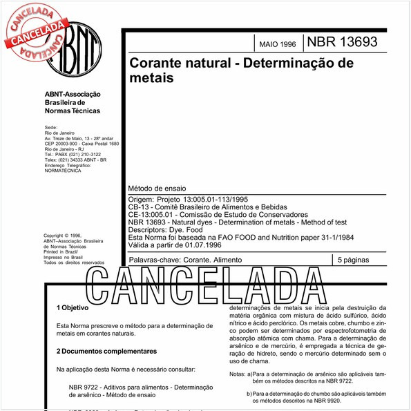 Corante natural - Determinação de metais