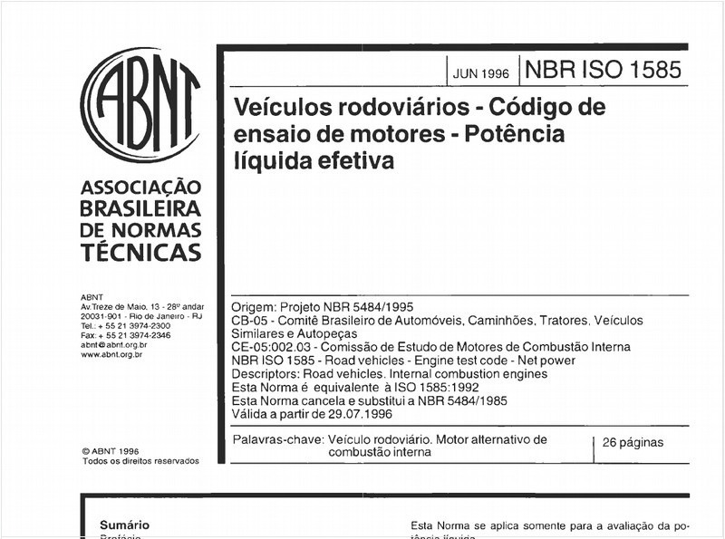Veículos rodoviários - Código de ensaio de motores - Potência líquida efetiva