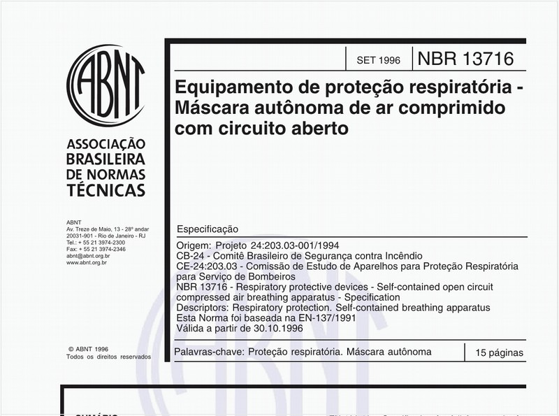 Equipamento de proteção respiratória - Máscara autônoma de ar comprimido com circuito aberto