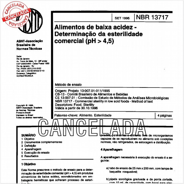Alimentos de baixa acidez - Determinação da esterilidade comercial (pH maior 4,5)