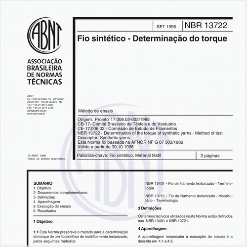 Fio sintético - Determinação do torque