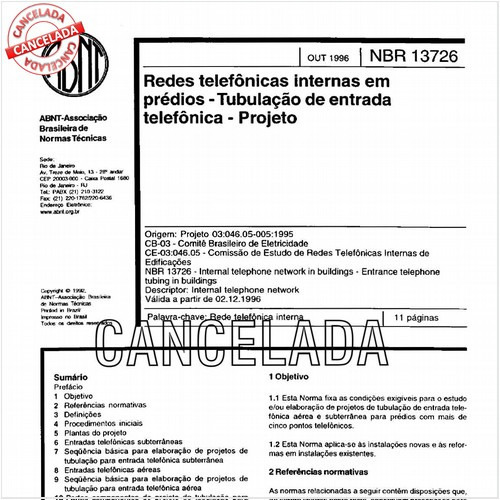 Redes telefônicas internas em prédios - Tubulação de entrada telefônica - Projeto