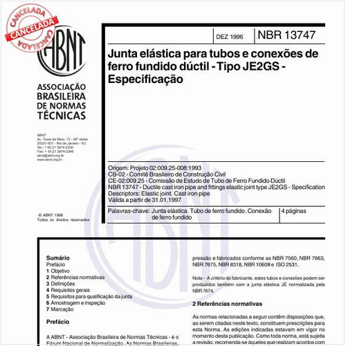 Junta elástica para tubos e conexões de ferro fundido dúctil - Tipo JE2GS - Especificação