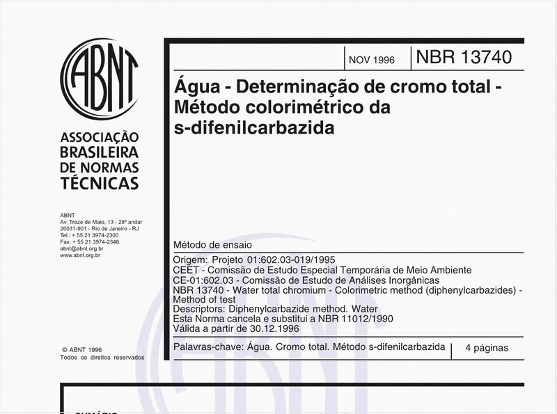Água - Determinação de cromo total - Método colorimétrico da s-difenilcarbazida
