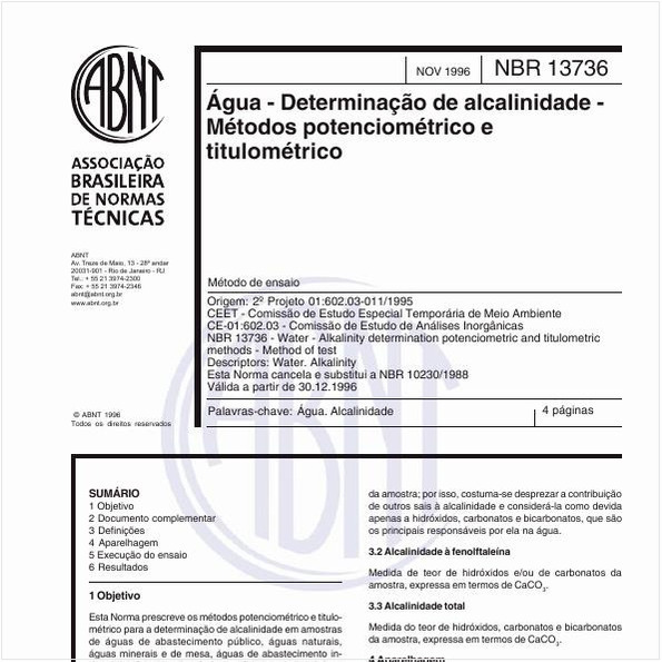 Água - Determinação de alcalinidade - Métodos potenciométrico e titulométrico