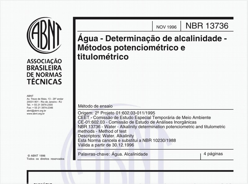 Água - Determinação de alcalinidade - Métodos potenciométrico e titulométrico